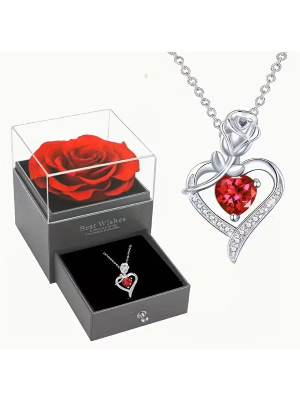 Rose Heart Pendant Necklace in Gift Box Romantic Jewelry Gift for Women